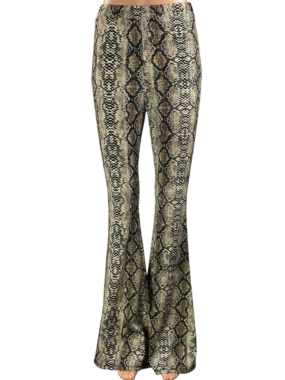 Polly Womens Beige Snakeskin Animal Print High Rise Flared Trousers Pants Size 4